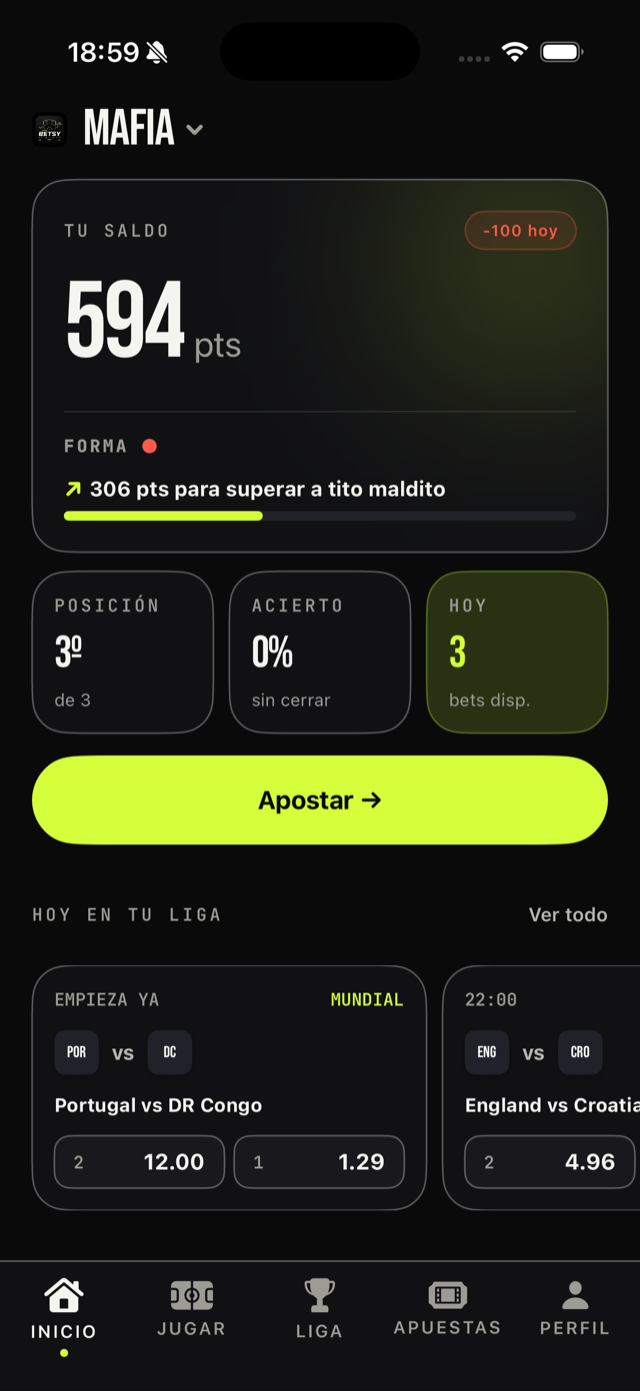 Pantalla de inicio de Betsy con saldo y partido del día