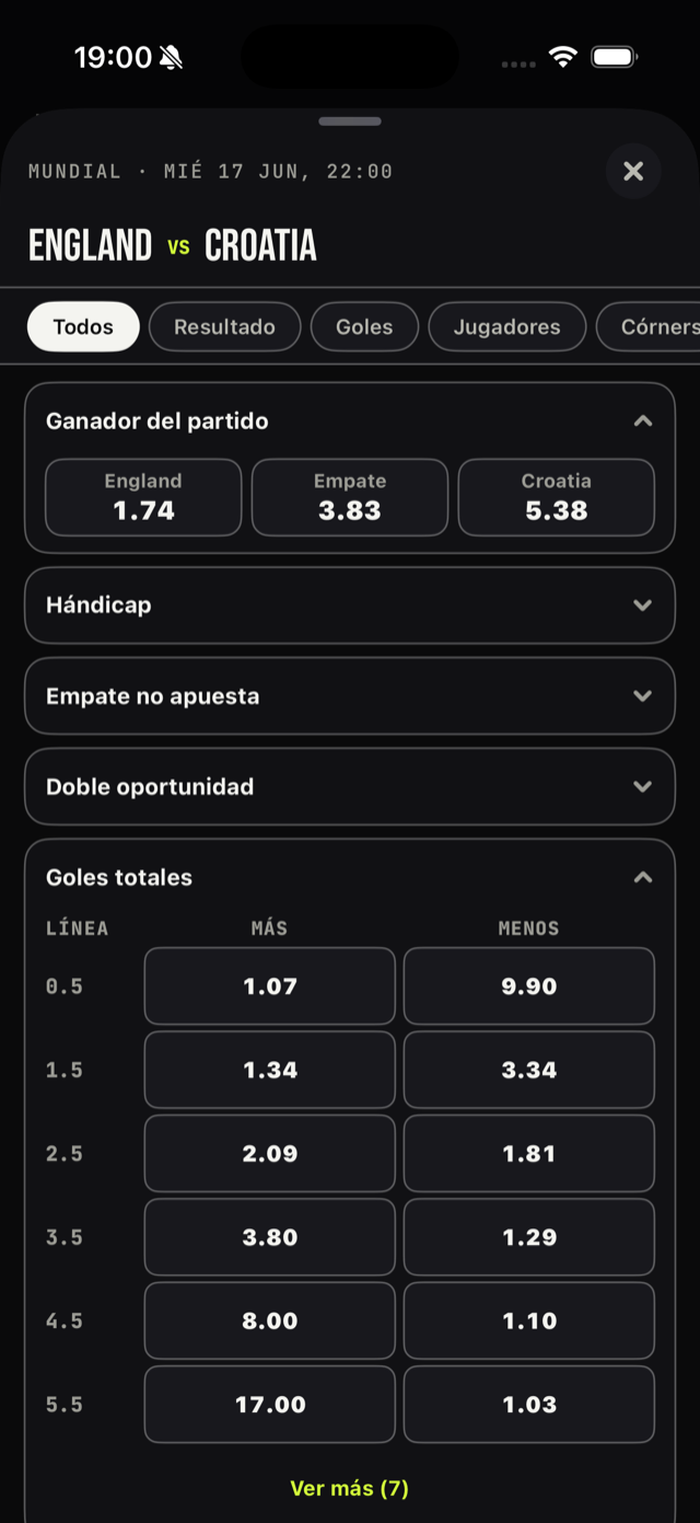 Mercados de un partido en Betsy estilo terminal profesional